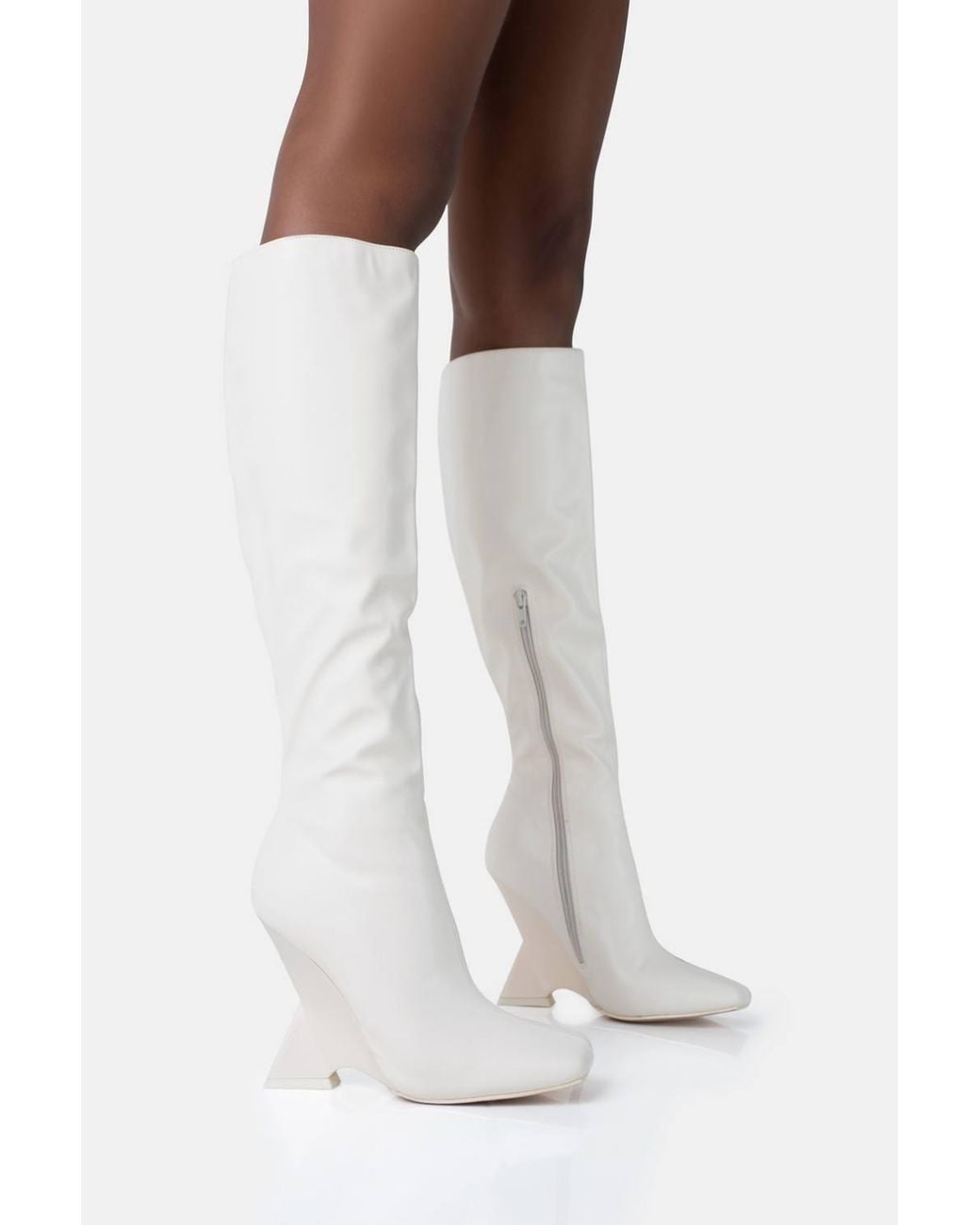 Public Desire White Vanessa Pu Inverted Wedge Square Toe Heeled Knee High Boots