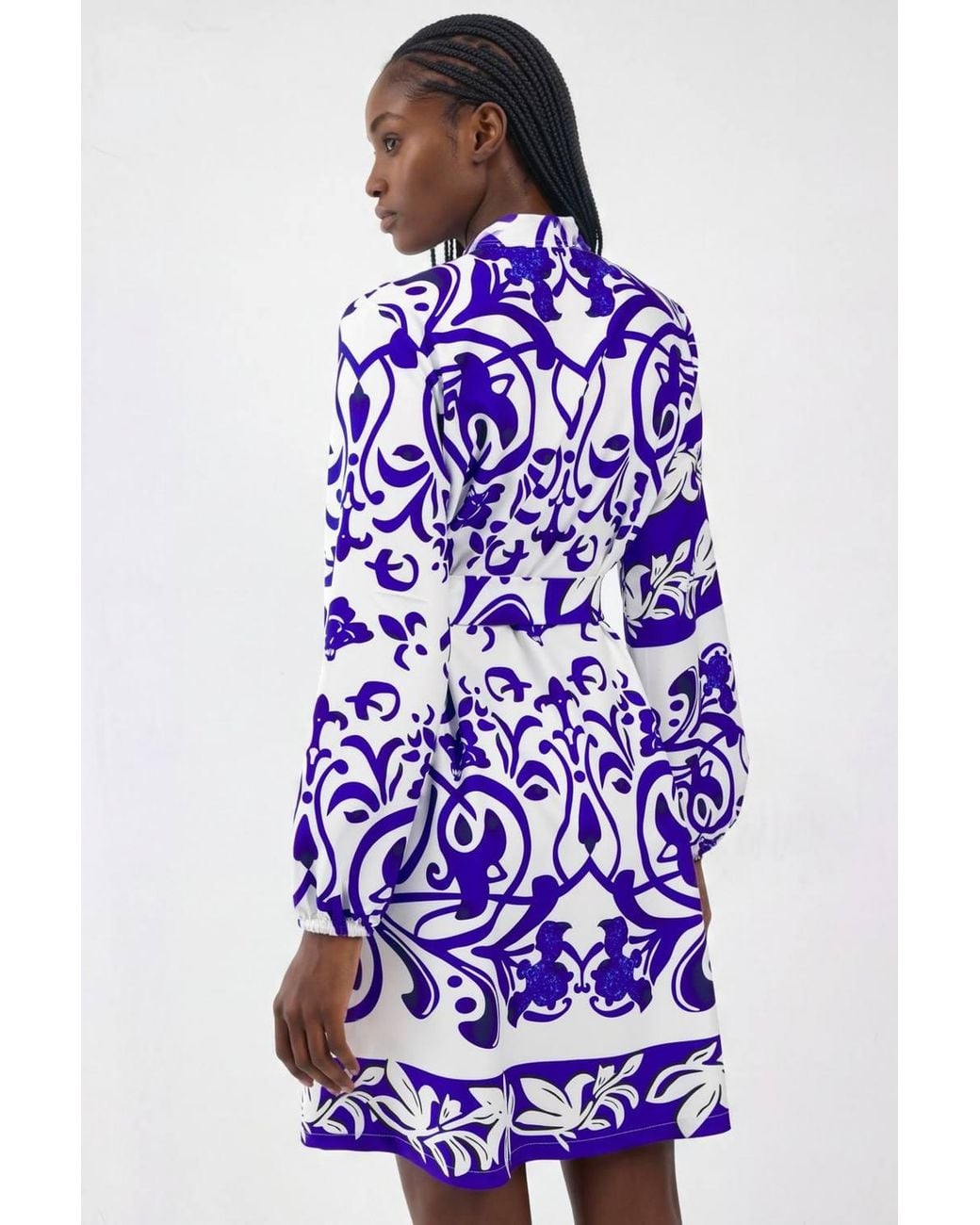 Msn-Collection Blue Floral V-Neck Mini Shirt Dress With Belt