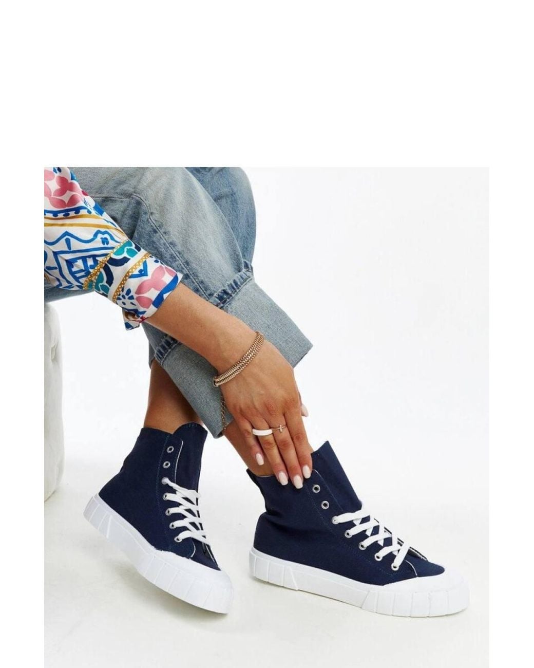 Love Lace Blue High Top Sneakers With Fabric Upper & Rubber Sole
