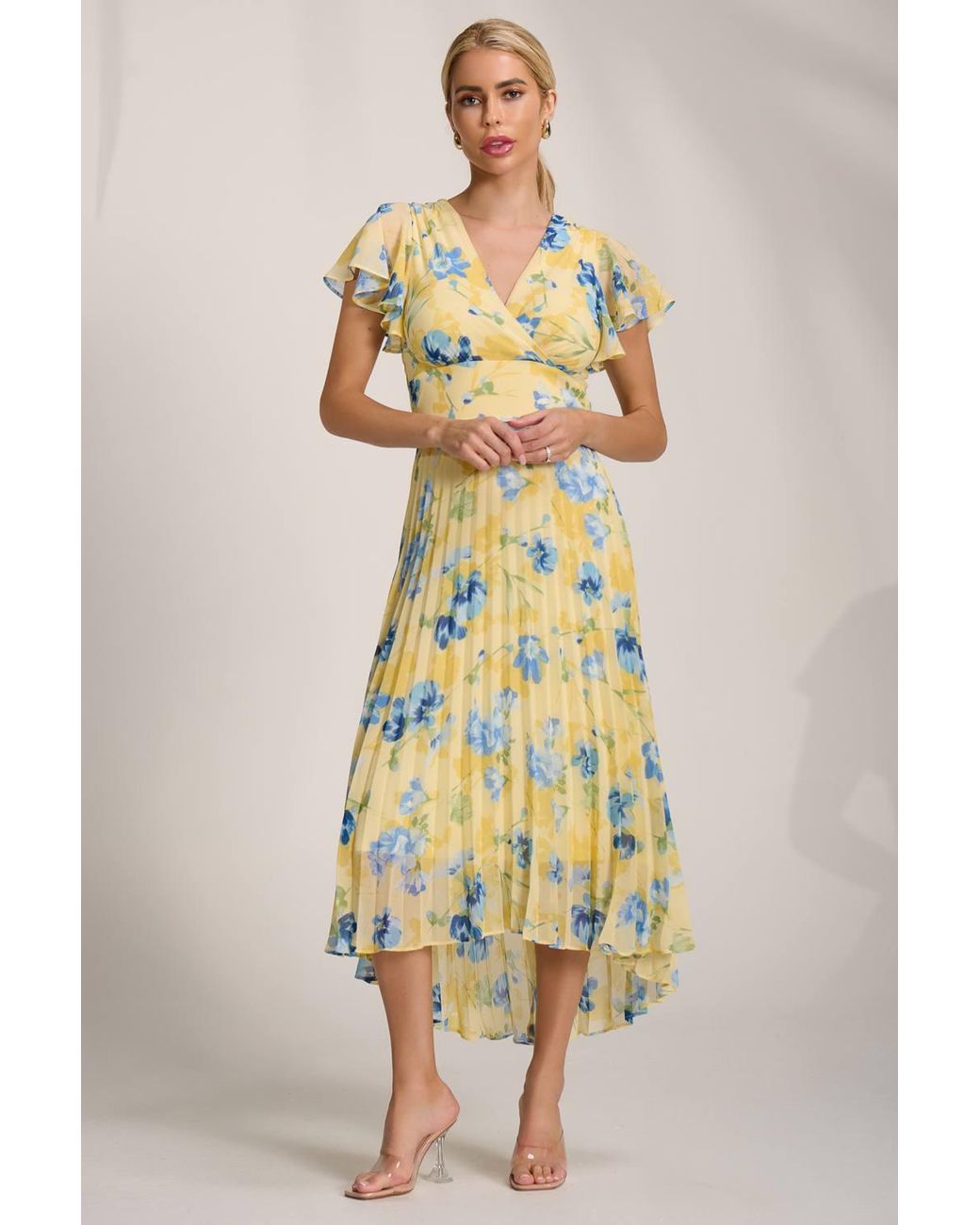 Jolie Moi Metallic Cap Sleeve Pleated Chiffon Maxi Dress