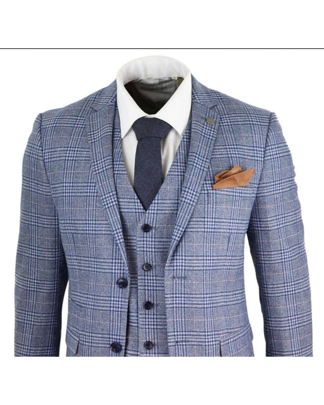 Infinity Leather Blue 3 Piece Tweed Check Vintage Retro Suit for men