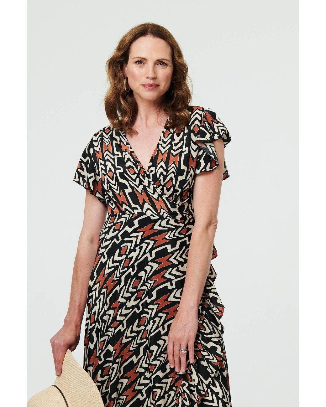 Izabel London White Abstract Frilled Sleeve Wrap Midi Dress