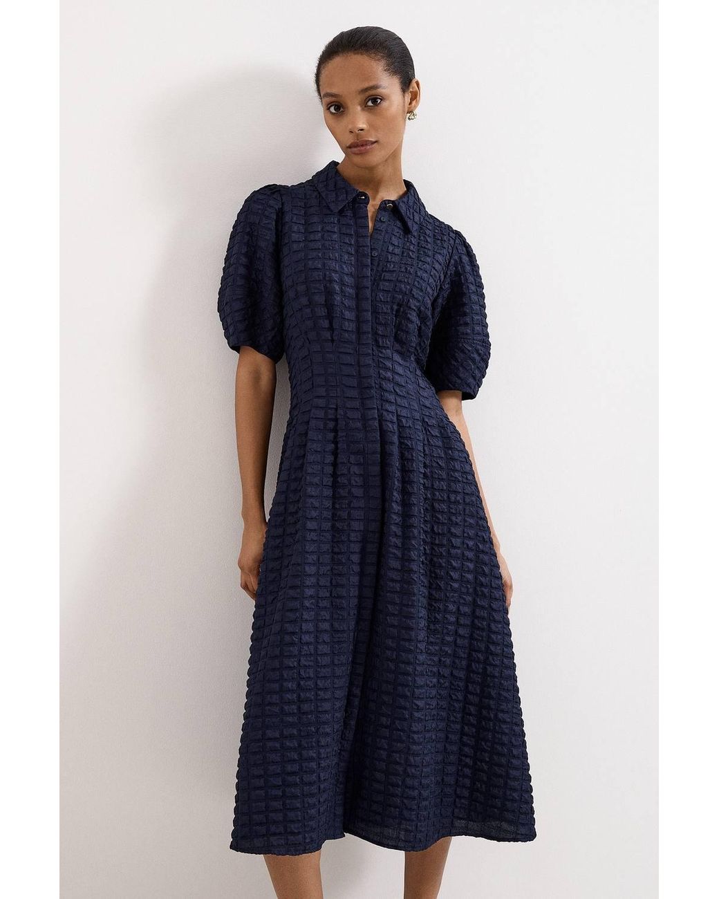 Phase Eight Blue Yasmine Textured Puff Sleeve Midi Dress