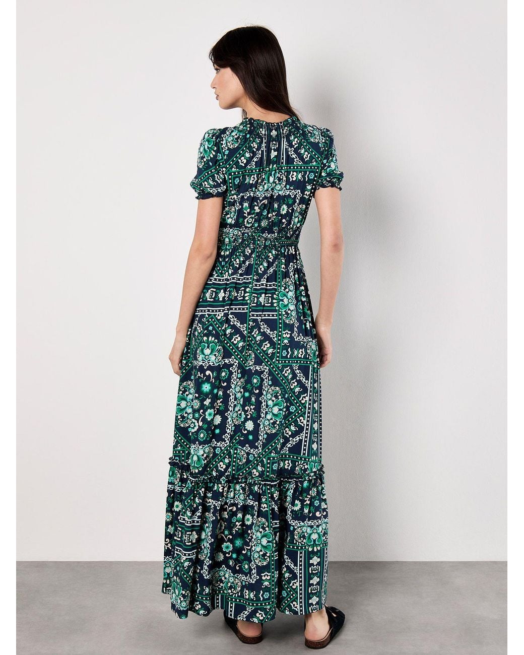 Apricot Green Scarf Print Smocked Maxi Dress
