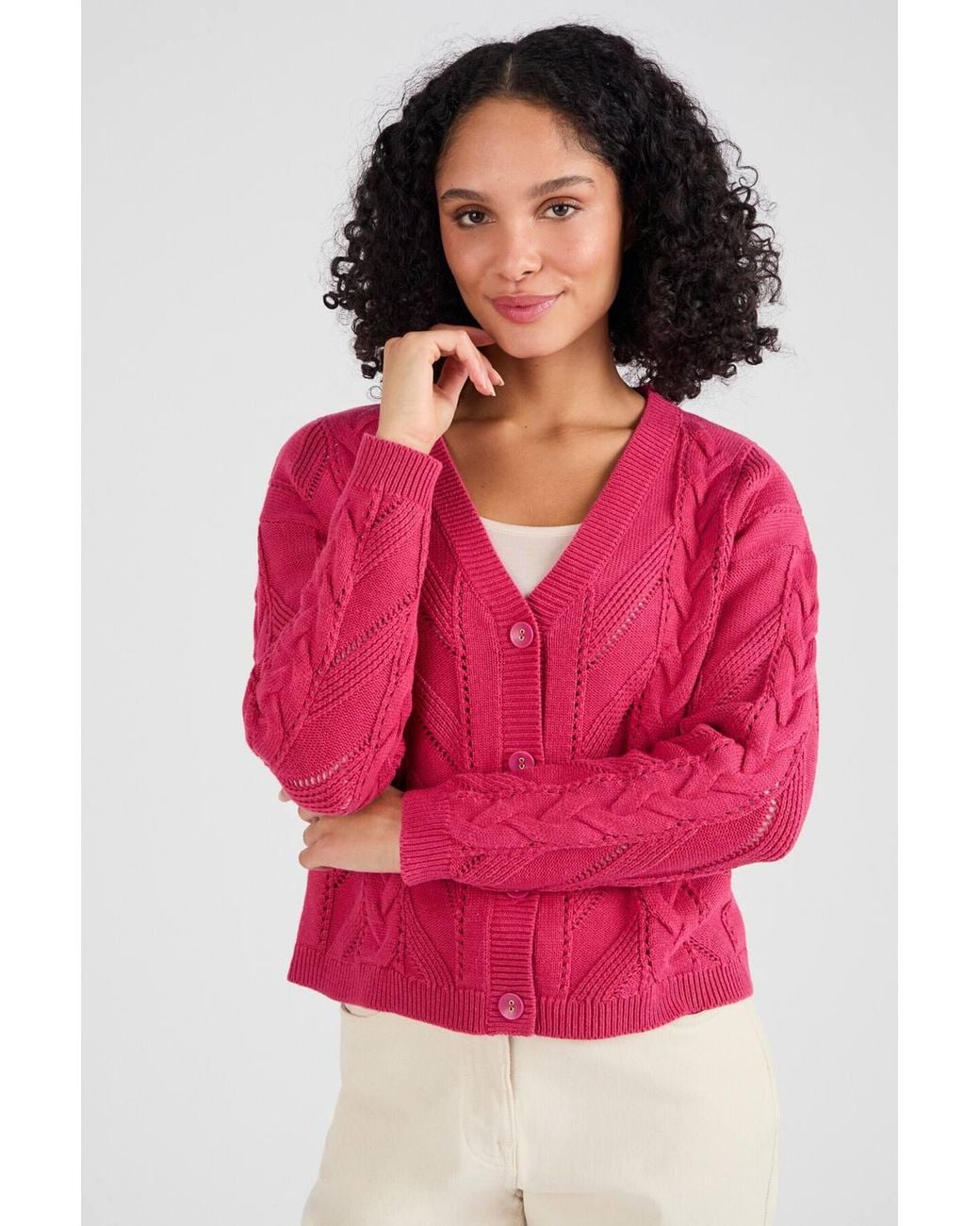 DAMART Pink Cotton Blend Chevron & Cable Stitch V-Neck Cardigan