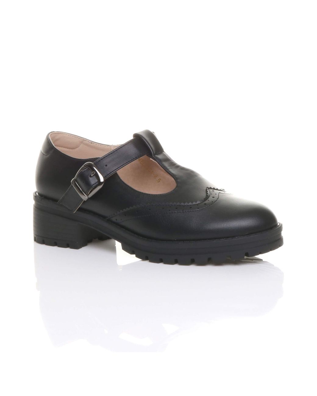 AJVANI Black Mid Heel Chunky Brogues Buckled T-Bar Mary Janes