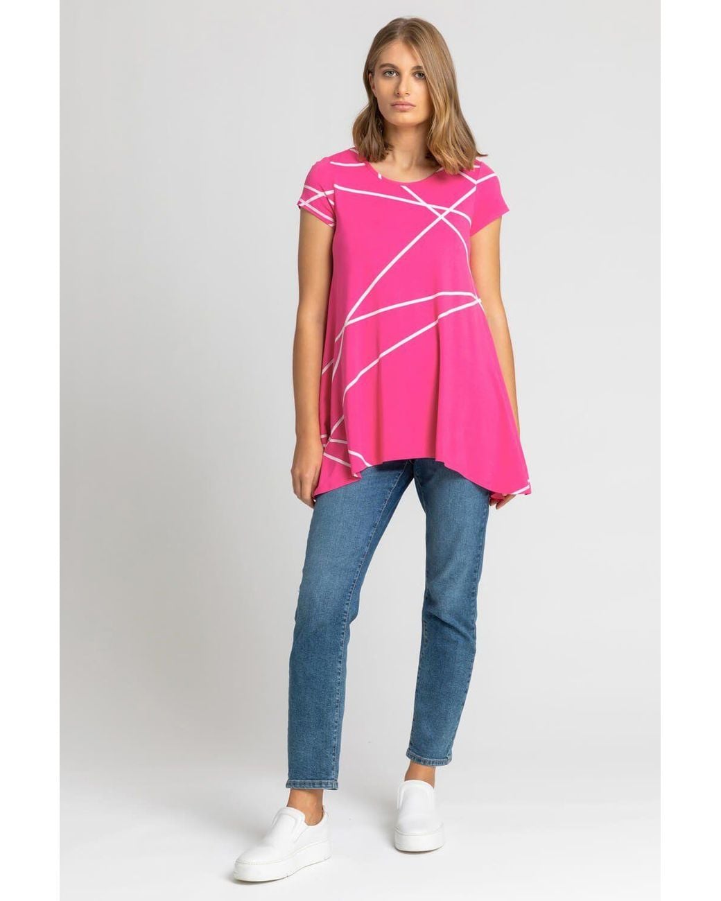 Roman Pink Linear Print Hanky Hem Top