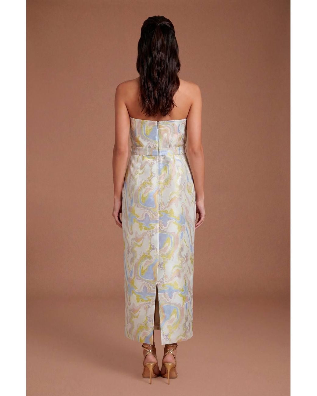 Coast Brown Jacquard Belted Bandeau Pencil Dress
