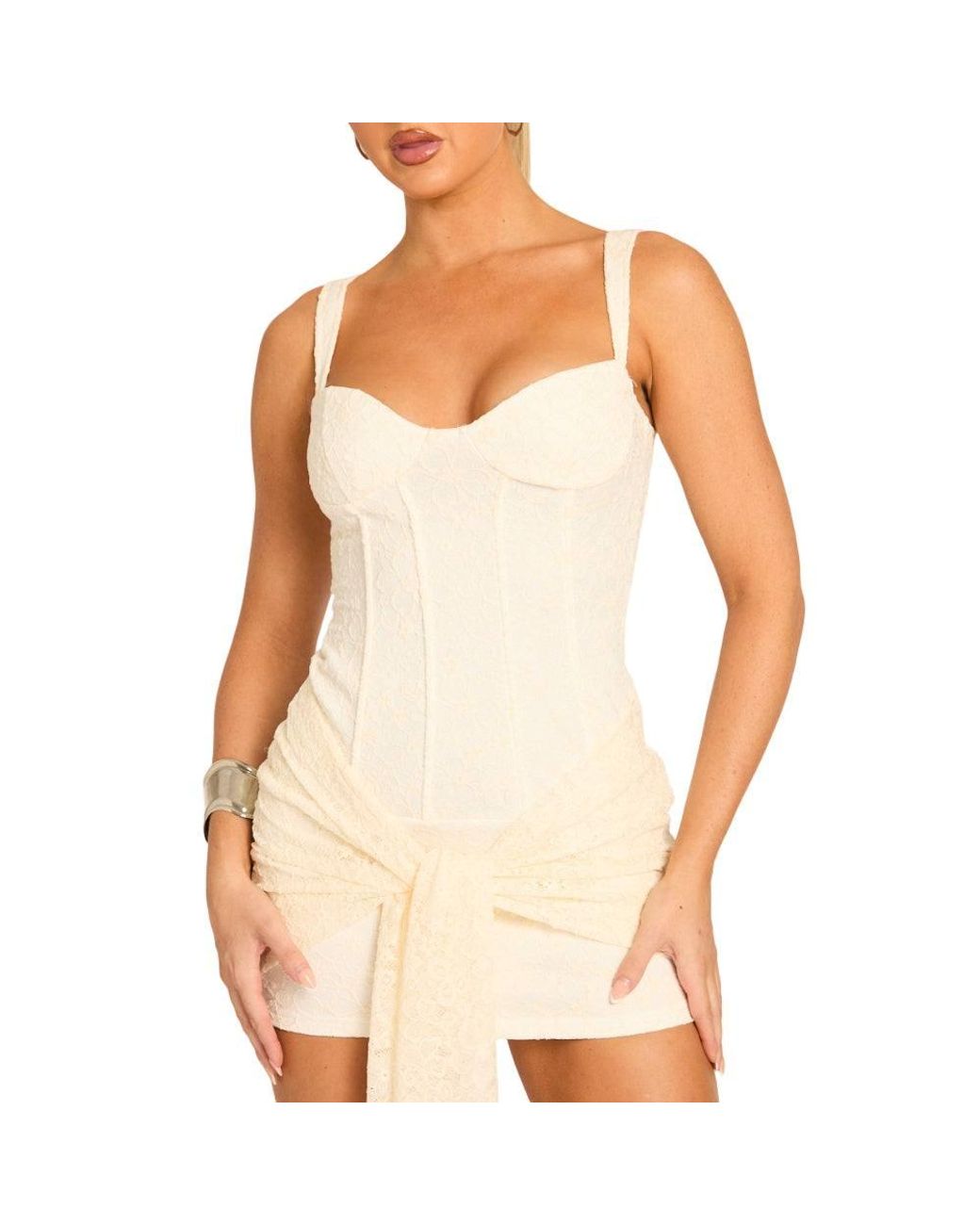 Rebellious Fashion Natural Lace Corset Detail Drape Mini Dress