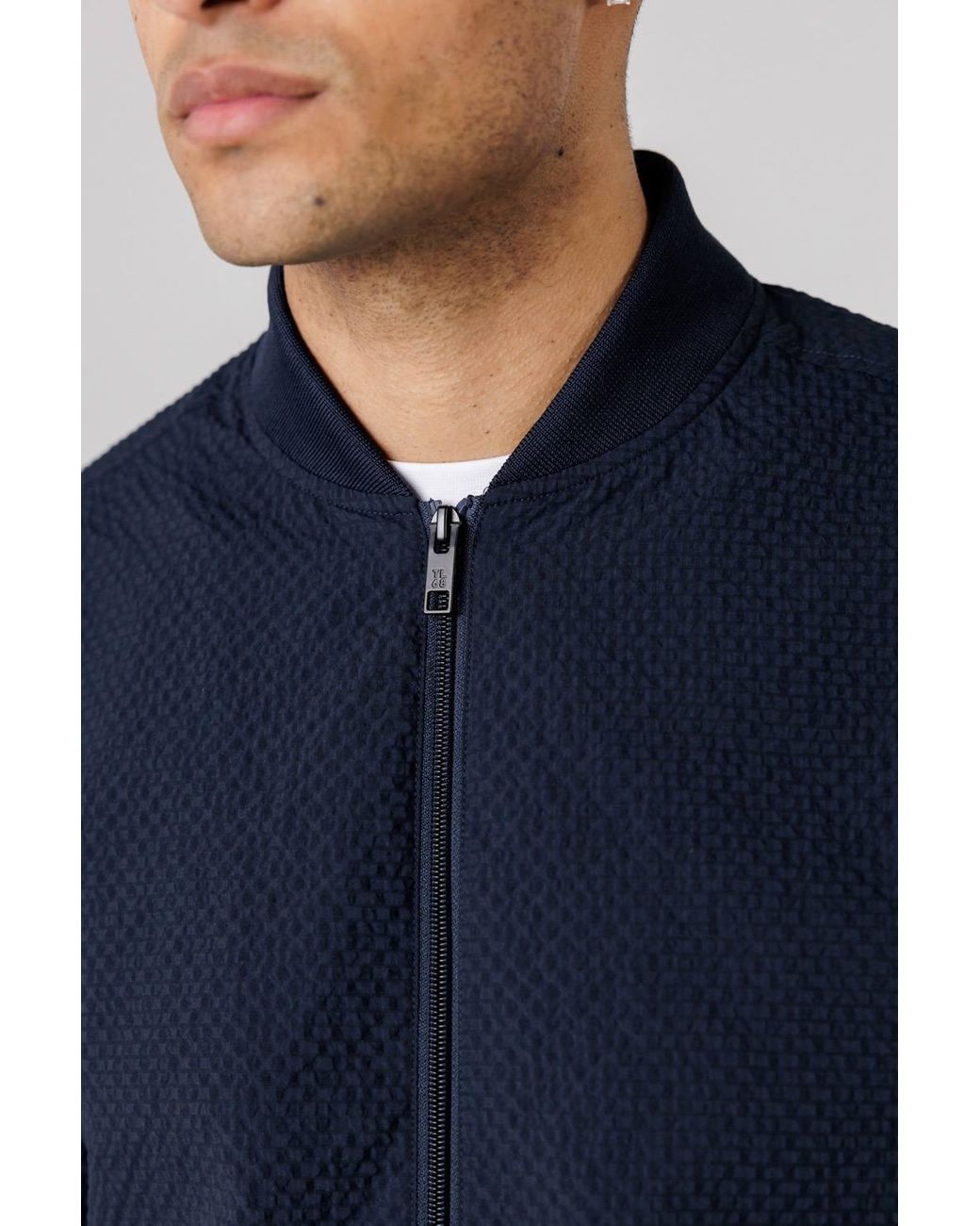 Tokyo Laundry Blue Seersucker Bomber Jacket With Zip-Up & Side Pockets for men