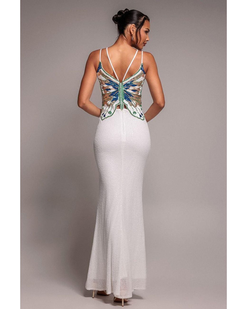 Goddiva White Sequin Butterfly Front Split Maxi Dress