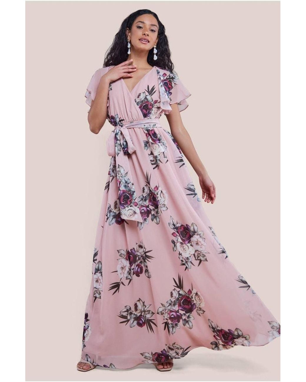 Goddiva Pink Printed Flutter Sleeve Maxi Dress