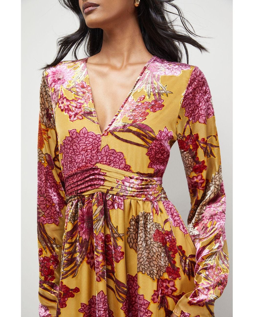 Warehouse Orange Burnout Velvet Plunge Neck Waisted Midi Dress