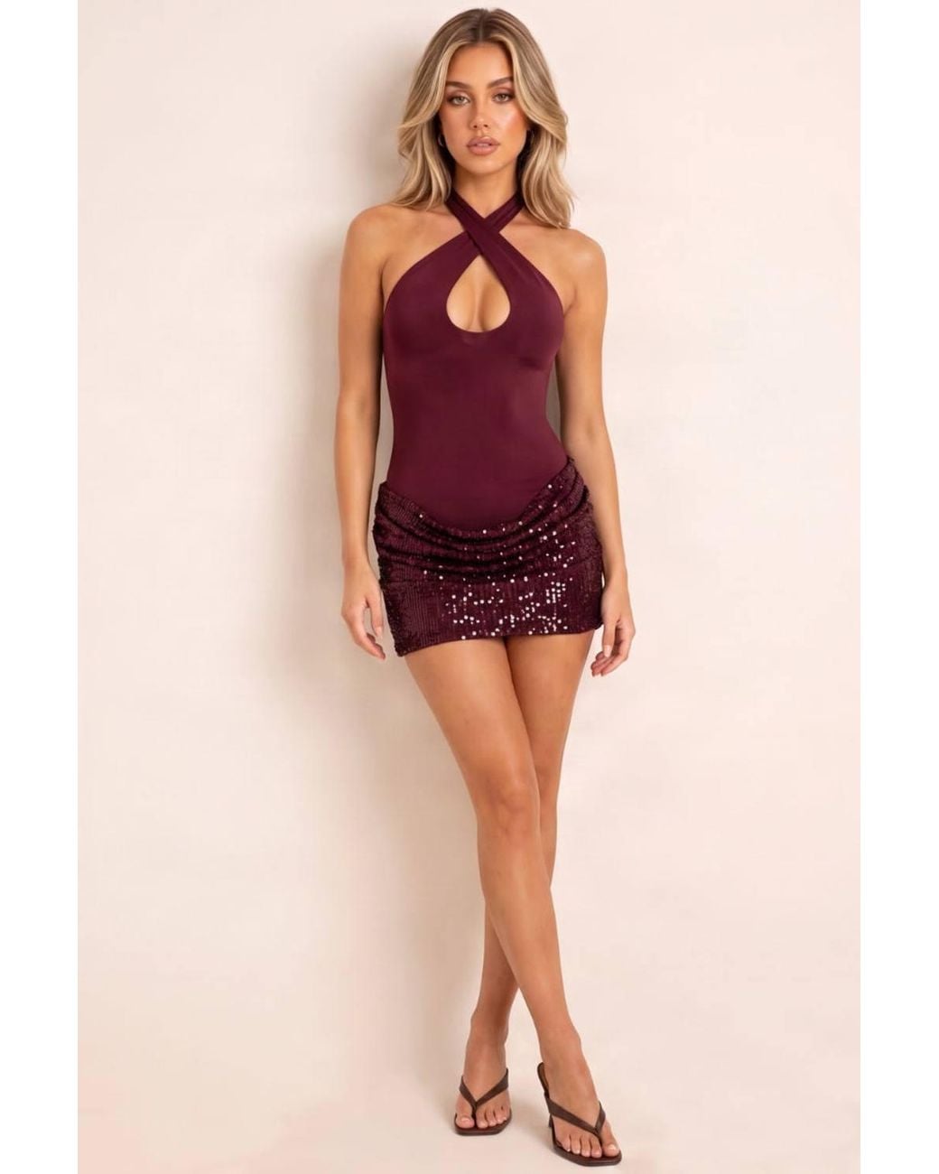 Rebellious Fashion Red Thea Slinky Cross Front Halter Sequin Skirt Mini Dress