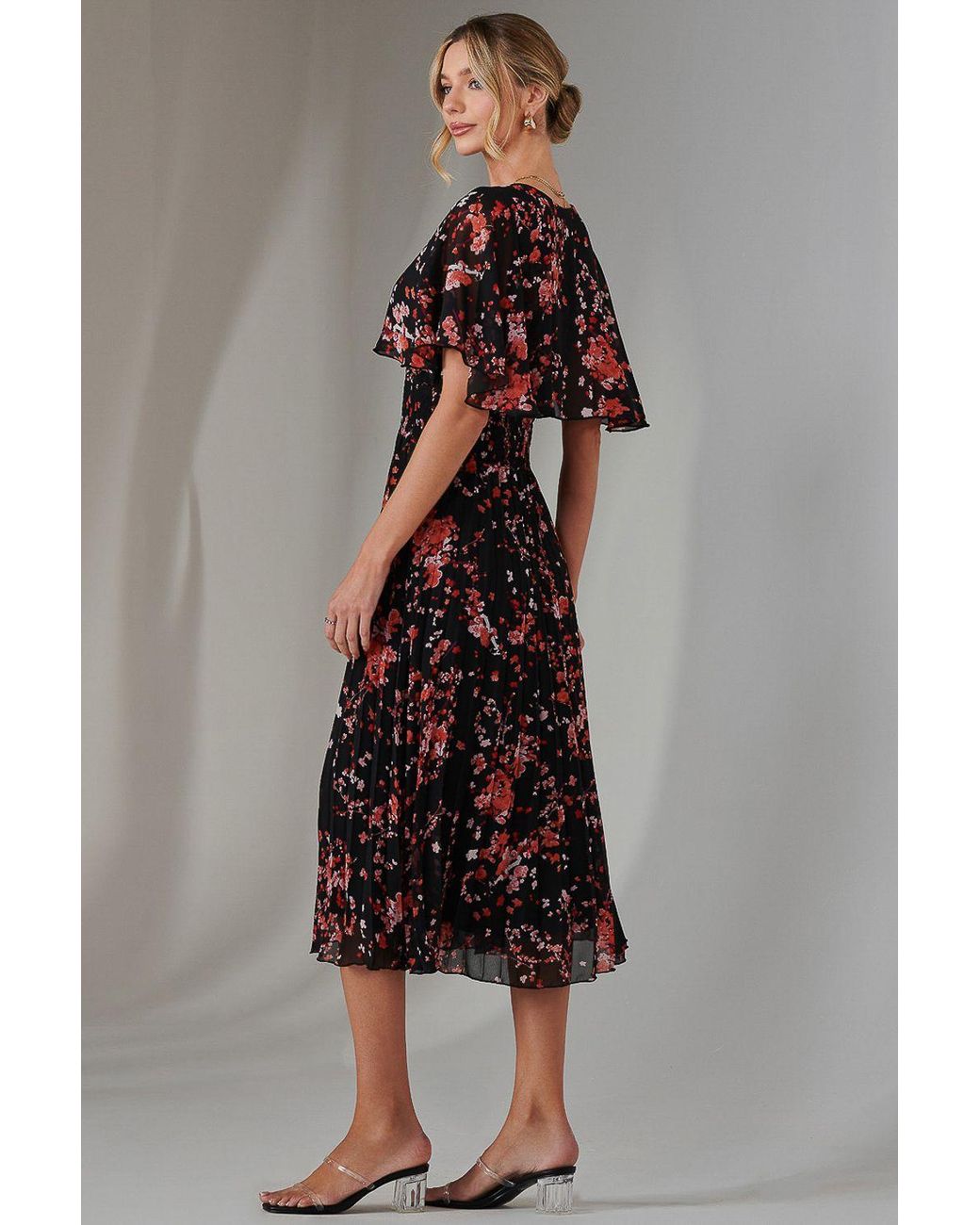 Jolie Moi Brown Floral Print Chiffon Pleated Dress