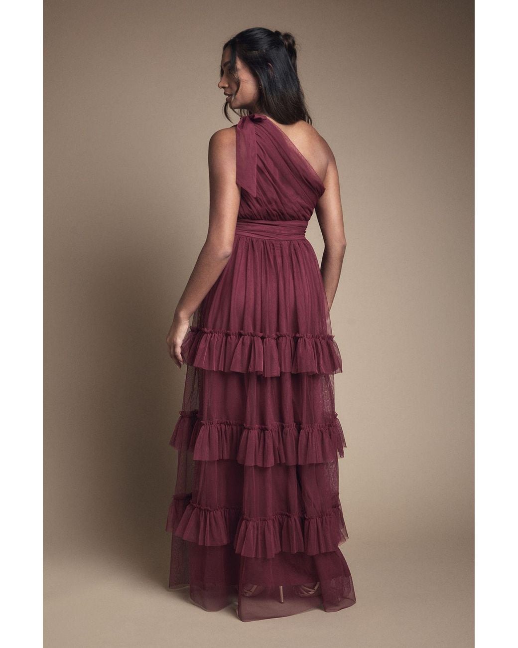 Oasis Multicolor Pleated Mesh One Shoulder Tiered Maxi Bridesmaid Maxi Dress