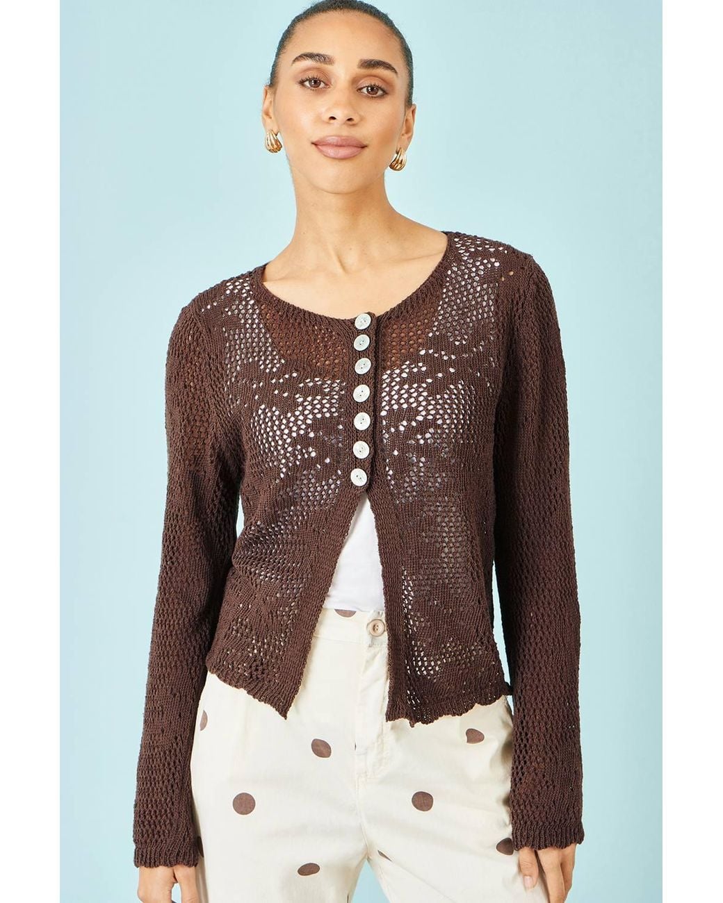 Yumi' Brown Flower Crochet Button Up Cardigan