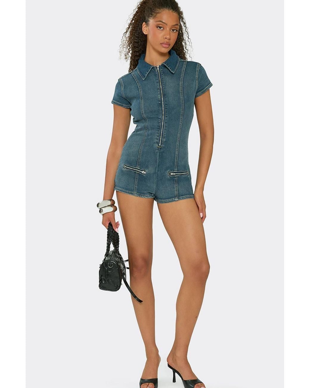 EGO Blue Fitted Short Sleeve Zip Denim Playsuit