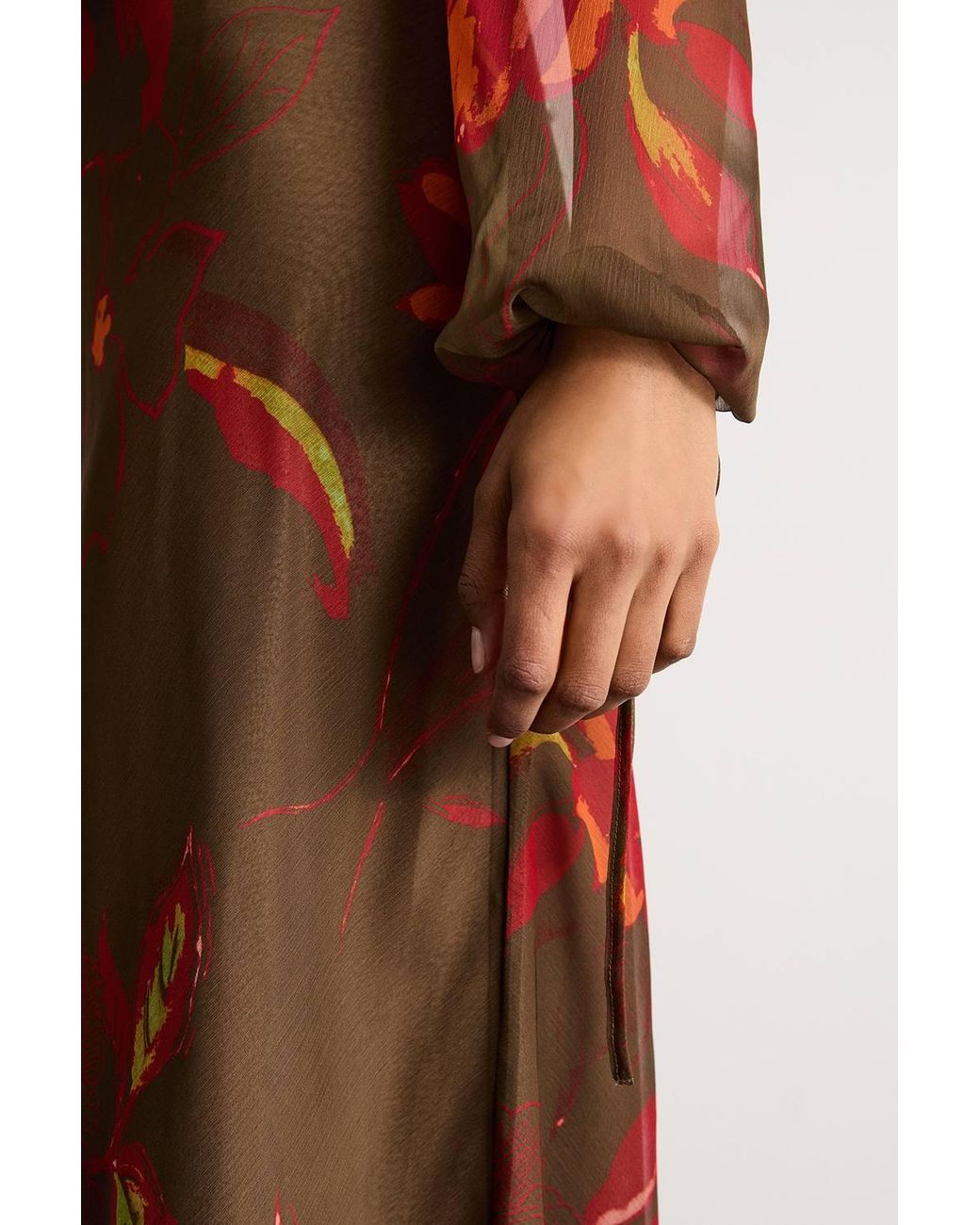 Warehouse Brown Printed Shoulder Pad V Neck Tie Detail Midi Dress