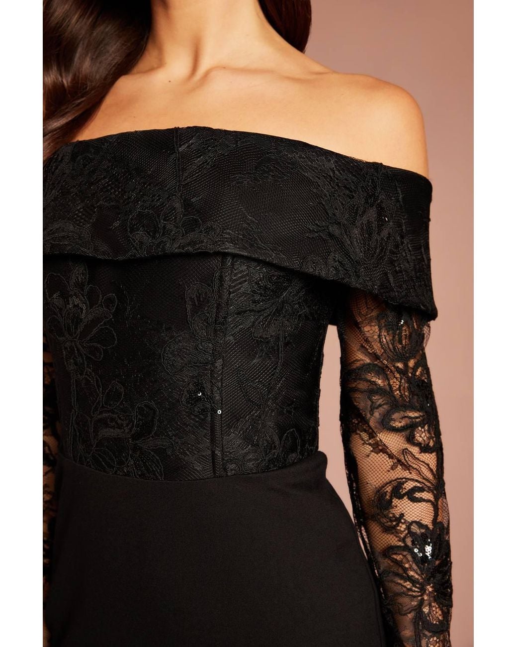 Coast Black Bardot Ponte Dress With Lace Long Sleeves