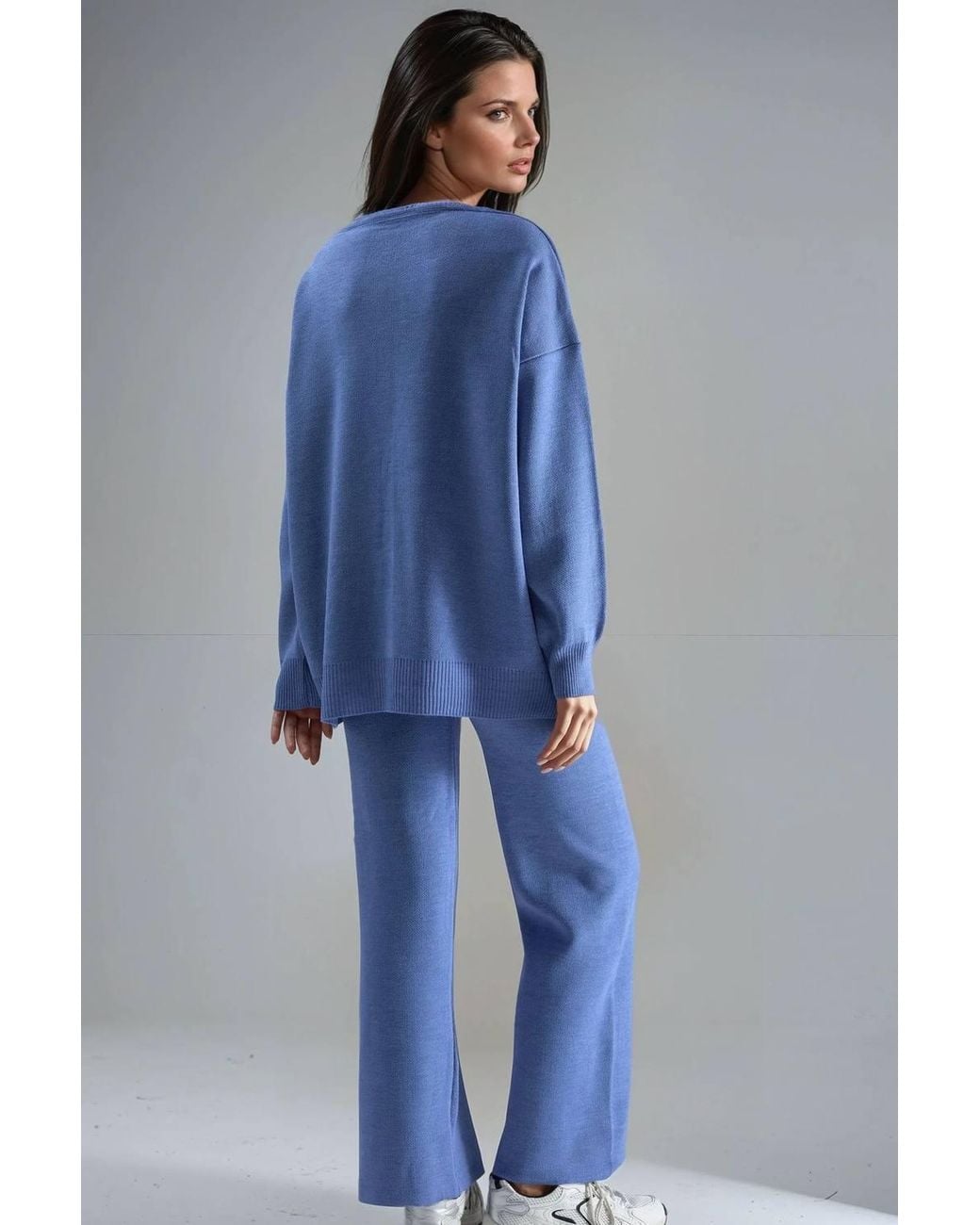 My Fashion Blue V-Neck Cardigan & Wide Leg Pants Knitwear Set