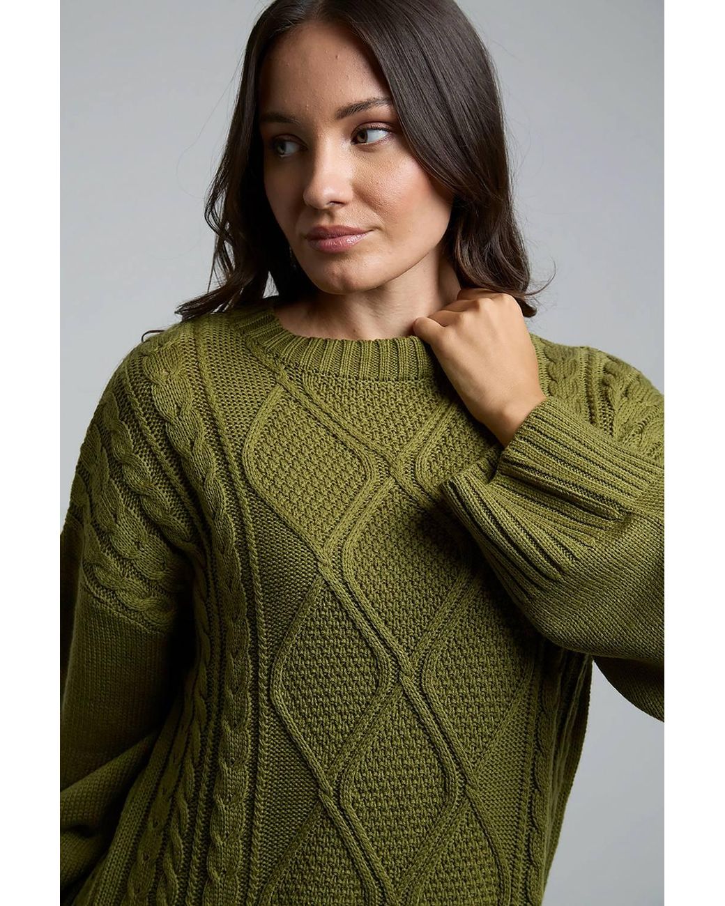 Influence Green Cable Knit Round Neck Long Sleeve Jumper Midi Dress