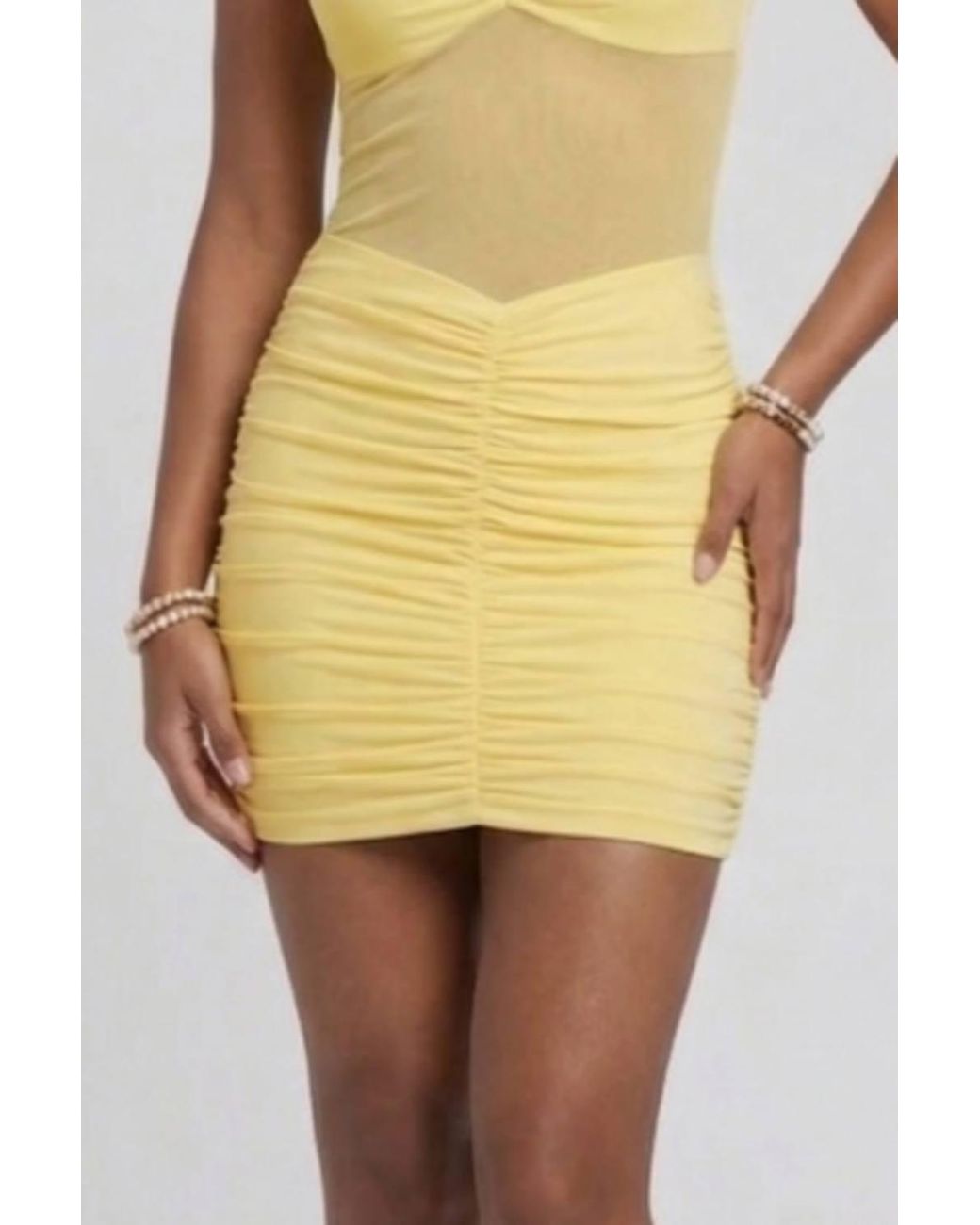 Stylewise Yellow High Neck Mesh Panel Ruched Bodycon Dress