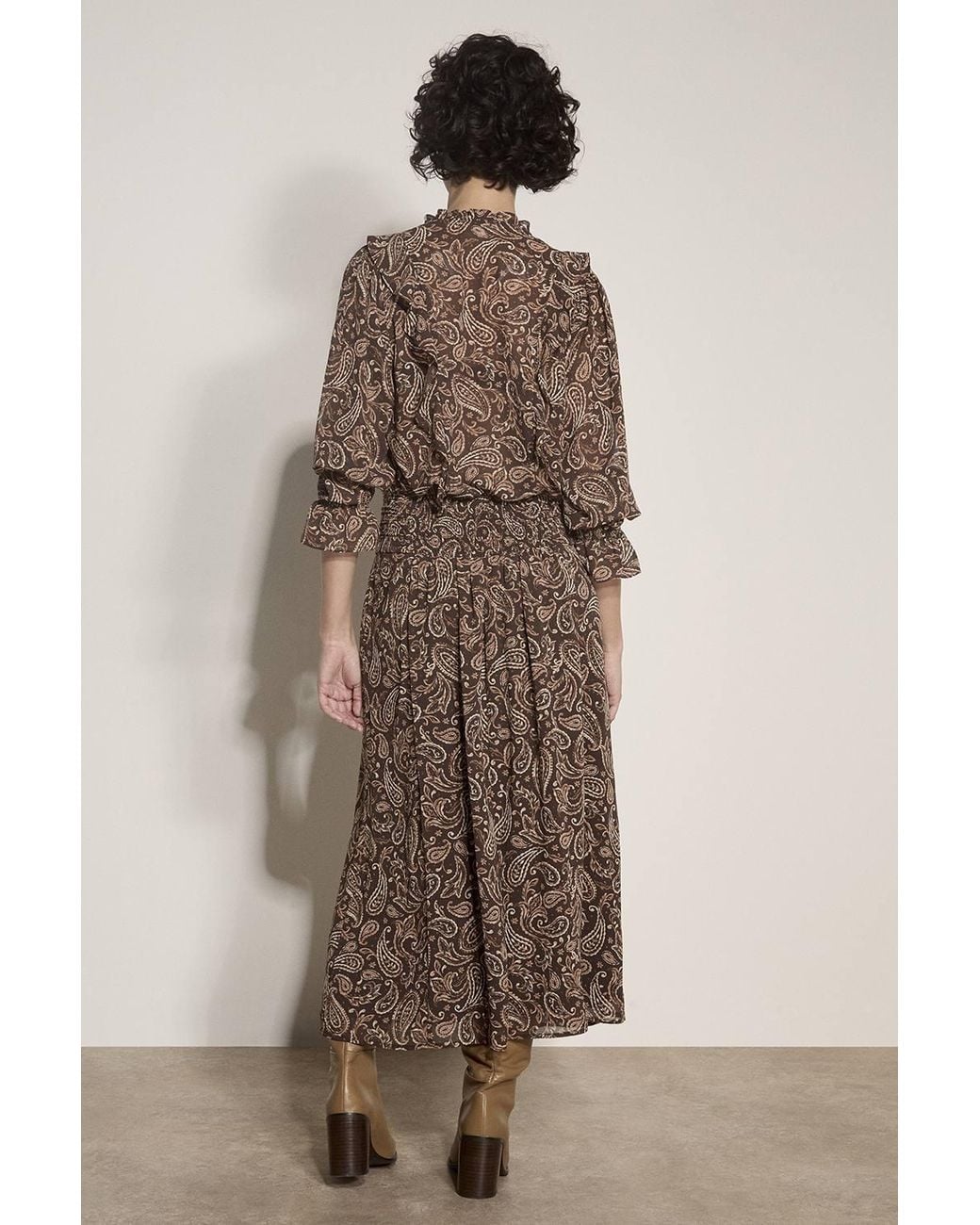 Apricot Brown Chiffon Paisley A-Line Midaxi Skirt