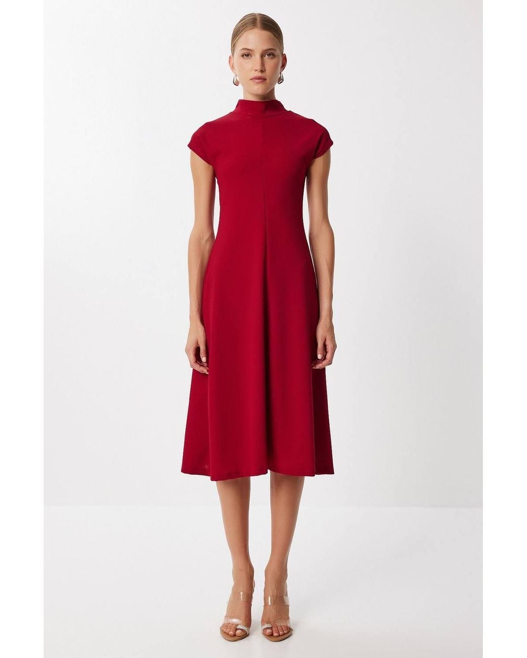 Happiness İstanbul Red A-Line Midi Dress With Half Turtleneck