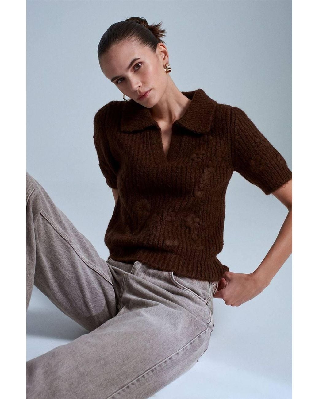 Dilvin Brown Textured Ribbed Polo-Collar Sweater