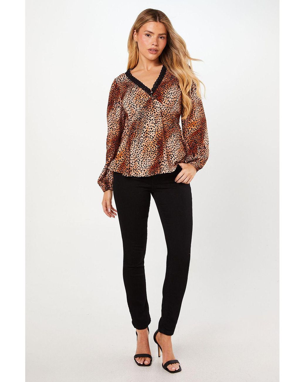 Dorothy Perkins Brown Sleeve Lace Trim Button Front Tea Blouse