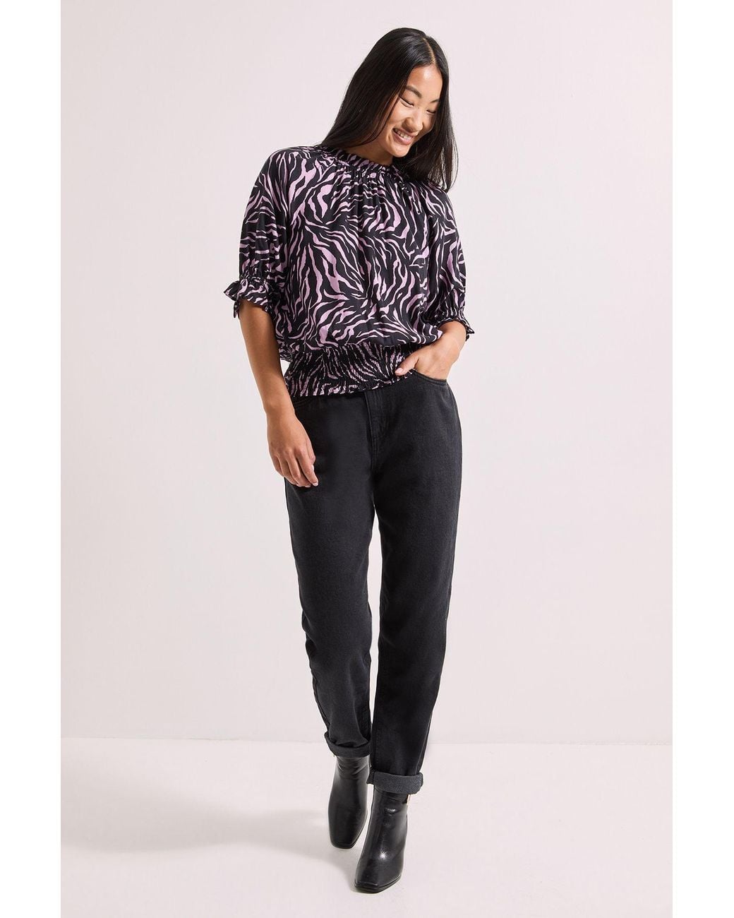 Dorothy Perkins Purple Petite Frill Neck Shirred Cuff Blouse
