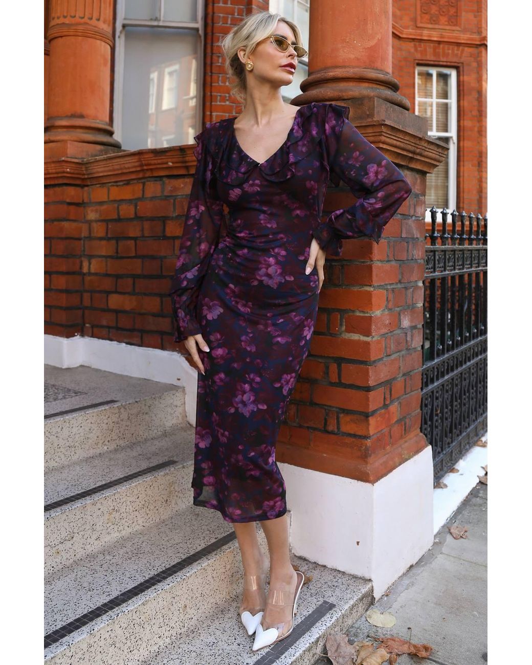 Jolie Moi Purple Long Sleeve Ruffle Detail Mesh Bodycon Dress