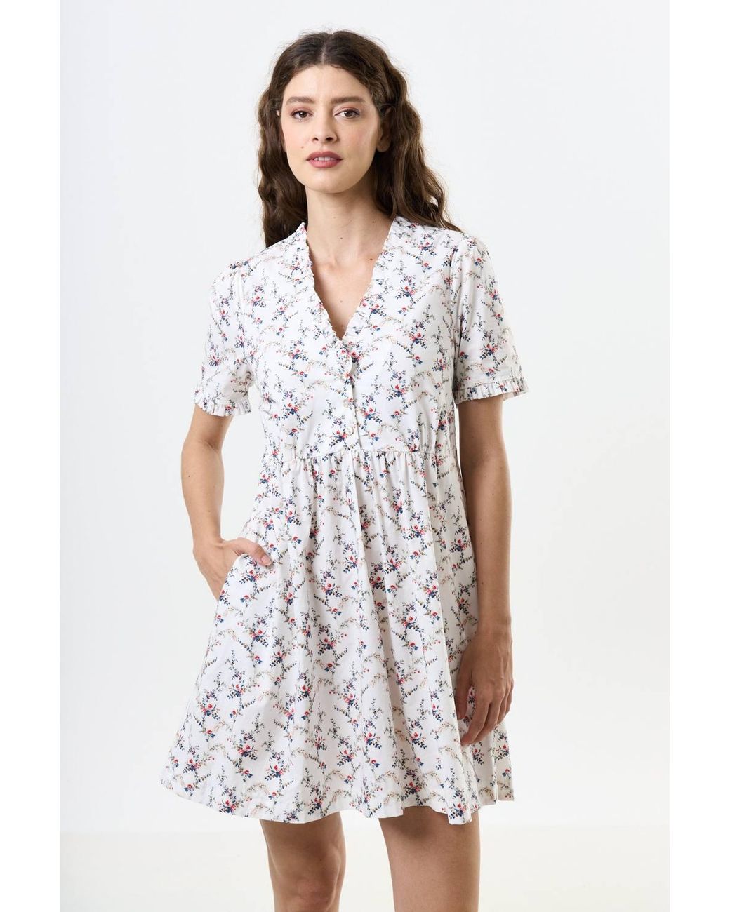 Louche White Cosima Regency Print Frill V-Neck Mini Dress