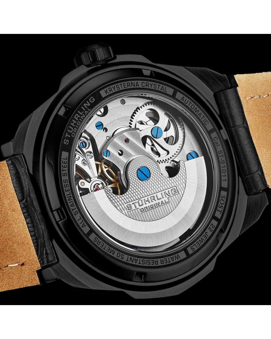 Stuhrling Black Dual Time Automatic Navigator Watch, 46Mm Stainless Steel Case, Dual Time, Skeleton Dial, Sun/Moon Phase Indicator for men