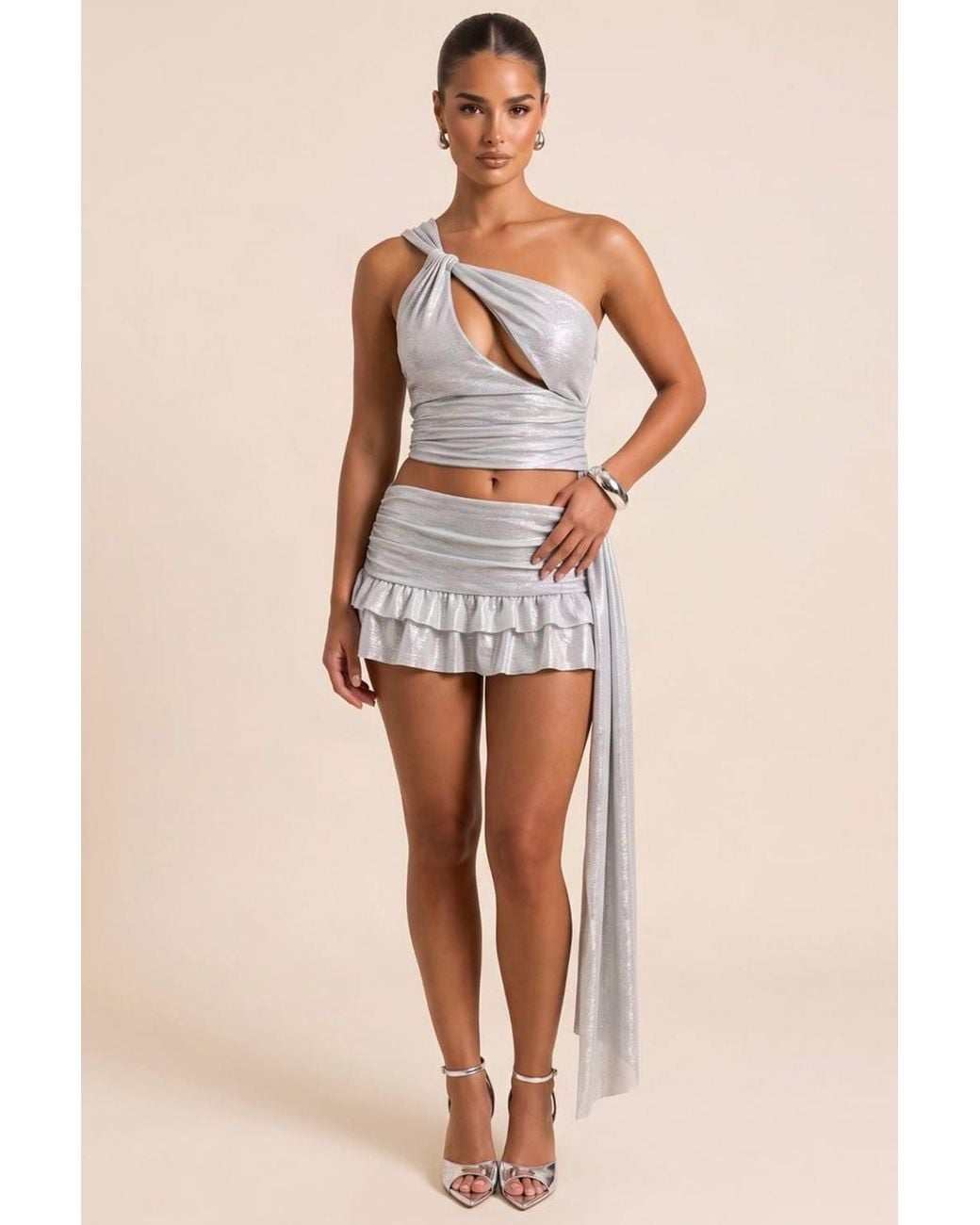 Rebellious Fashion Natural Jada Metallic Asymmetric Draped Ruffle Skirt Co-Ord Set