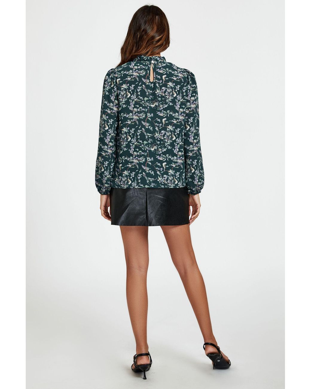 FS Collection Green Little Floral Print Frill Detail High Neck Top