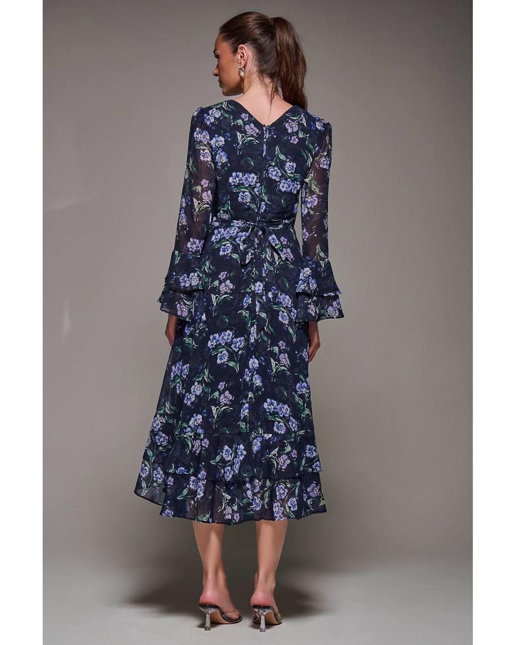 Jolie Moi Blue Long Sleeve Chiffon Frill Midaxi Dress