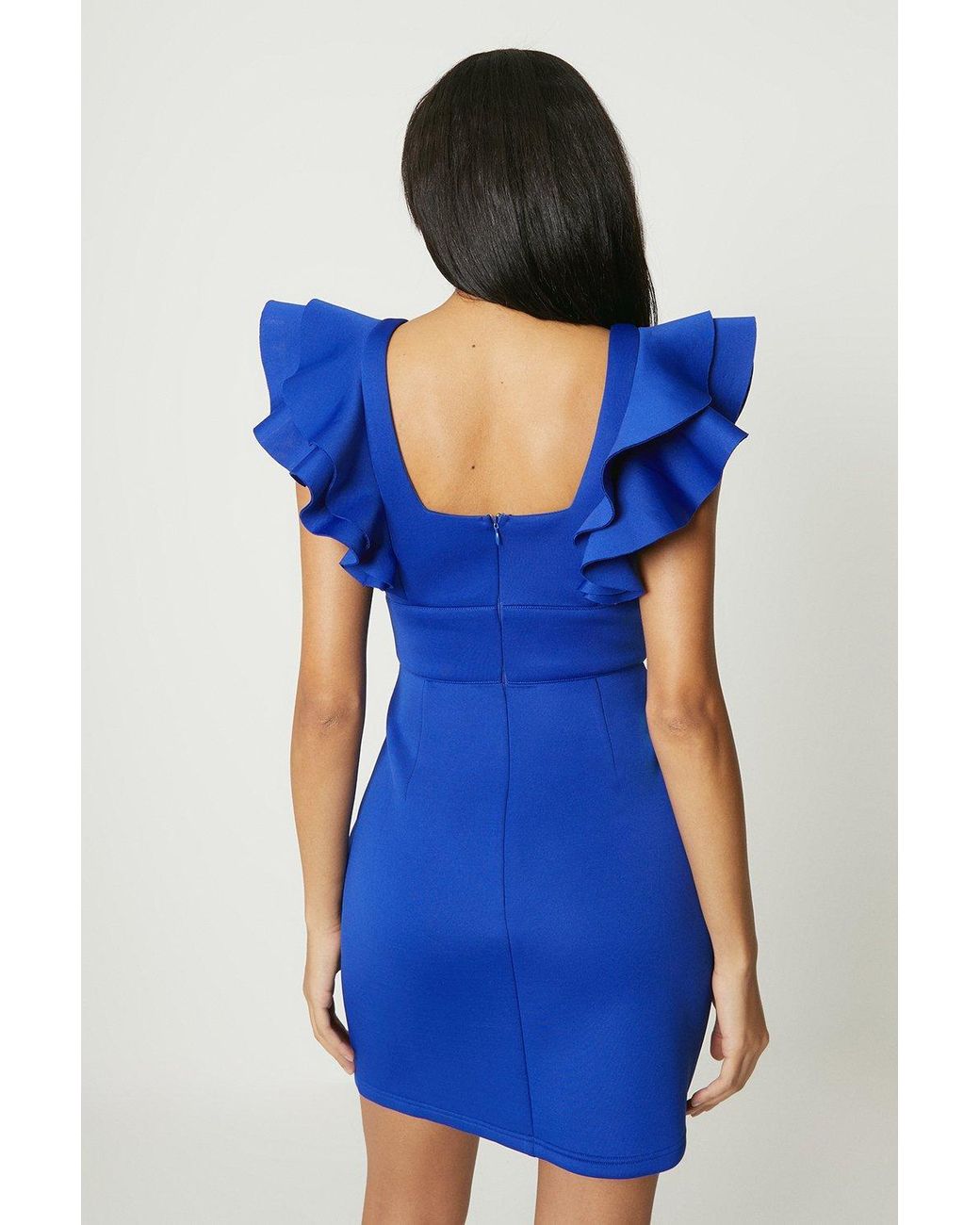 Debut London London Ruffle Scuba Square Neck Mini Dress in Blue