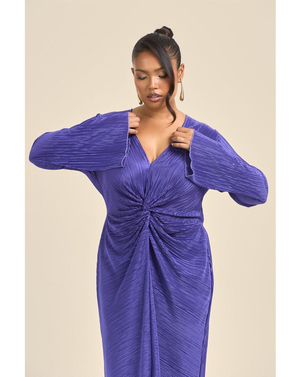 FASHION-SZN Blue Curve Twist Front Flare Sleeve Plisse Midaxi Dress