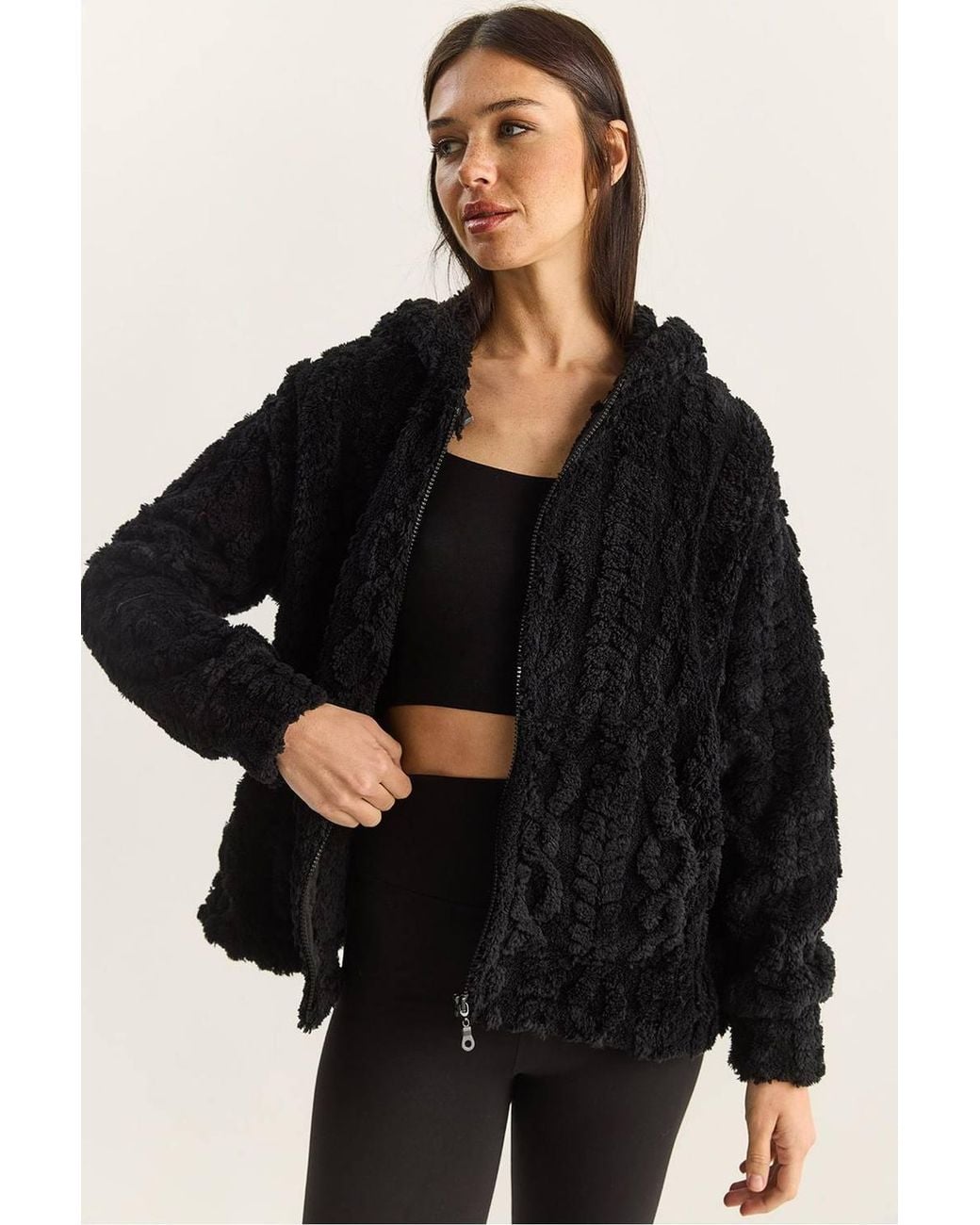 Bianco Lucci Black Hooded Textured Knitted Cardigan With Zipper