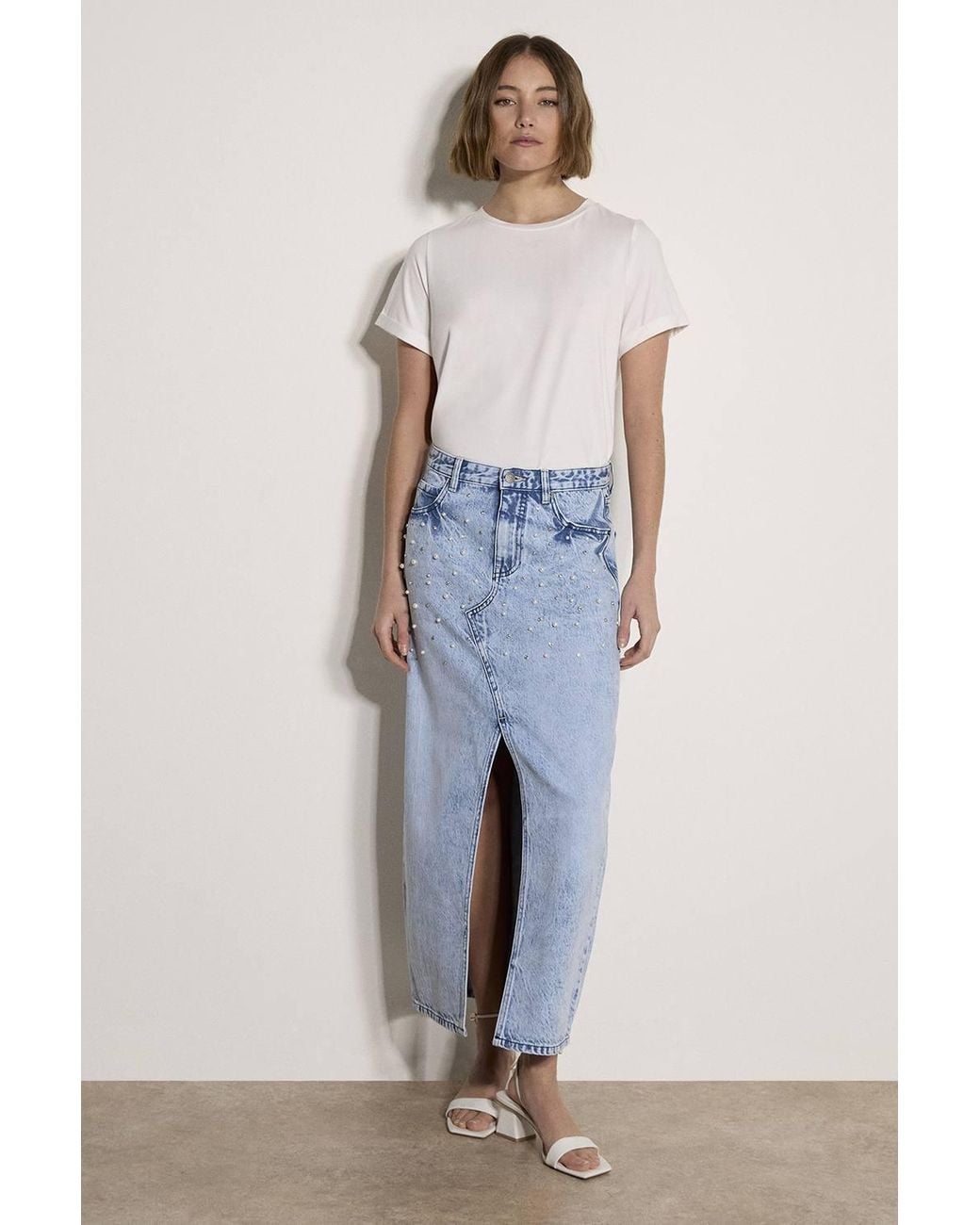 Apricot Blue Amara Faux Pearl Cotton Denim Midi Skirt