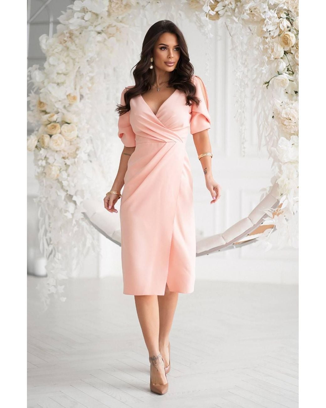 Love Lace Pink Wrap Pleated Short Sleeve Bodycon Dress