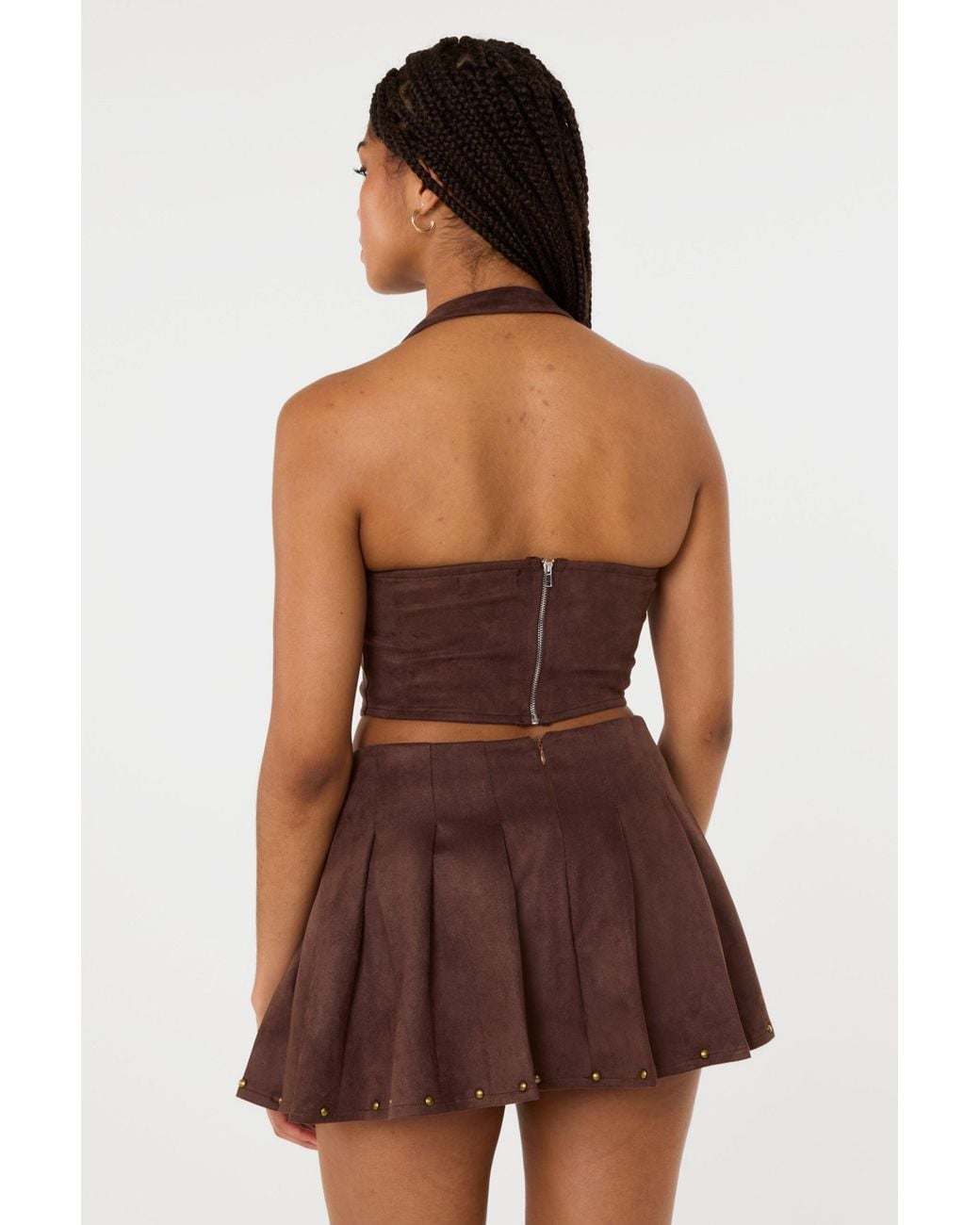 Pink Vanilla Brown Suedette Lace Halterneck Top