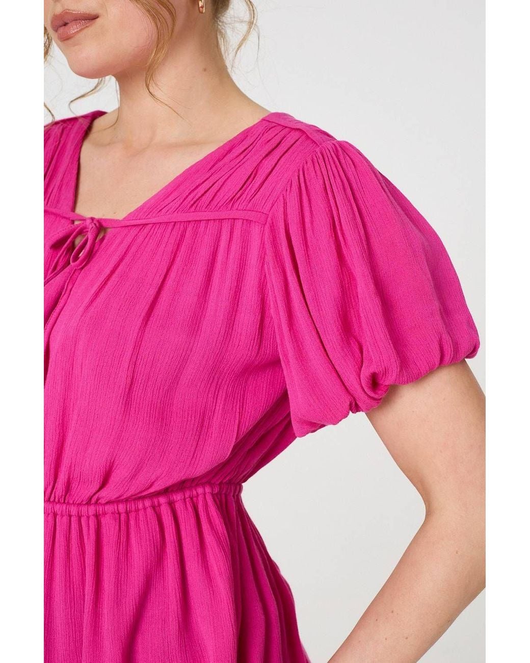 Izabel London Pink Ruched Short Puff Sleeve Peplum Blouse