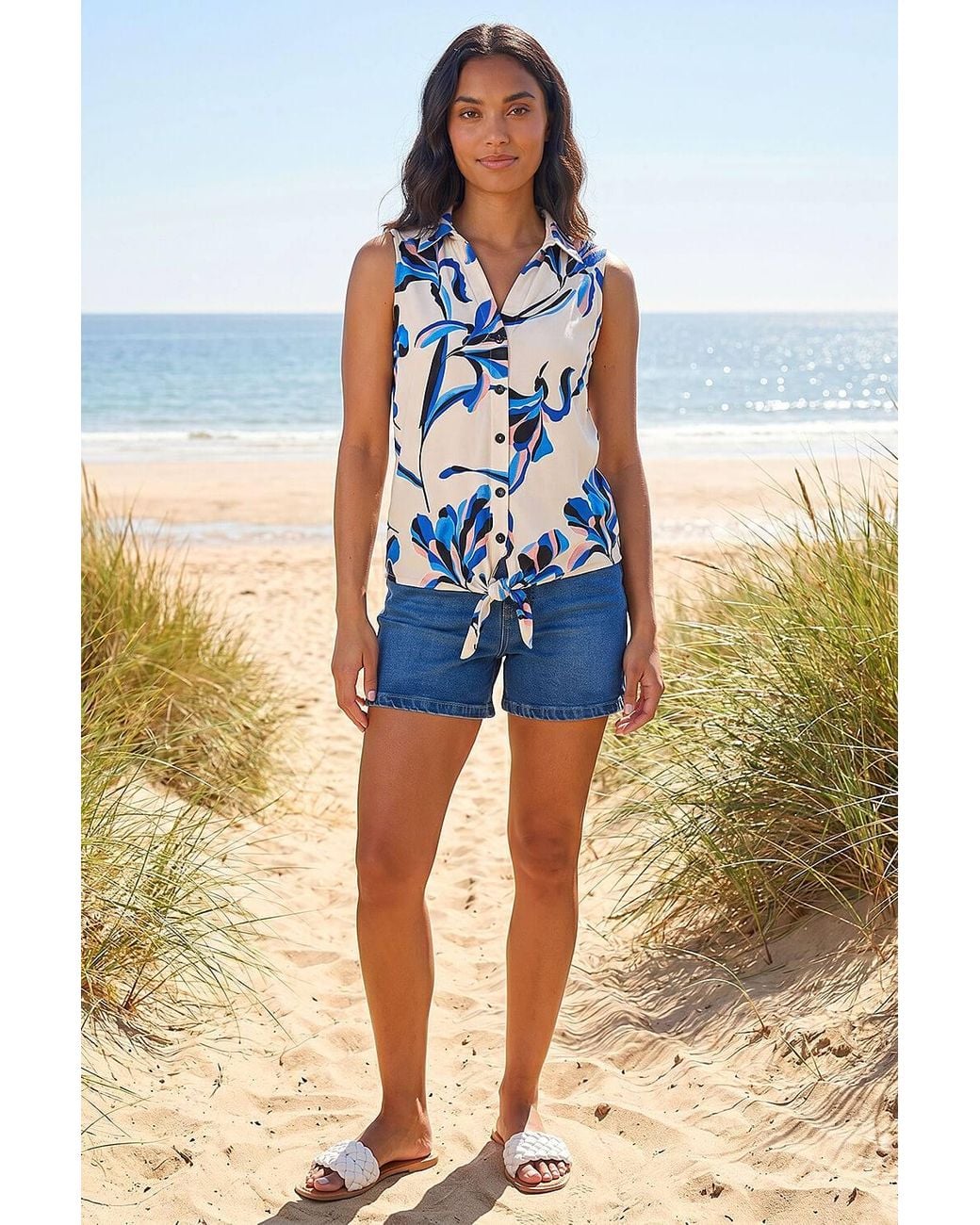 Roman Blue Floral Tie Front Blouse