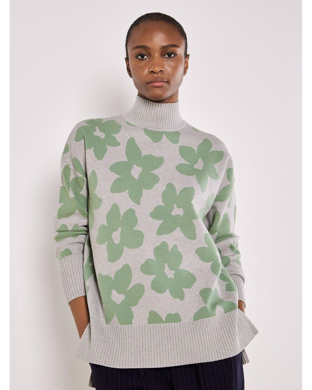 Apricot Green Flower Oversized Mock Neck Jumper