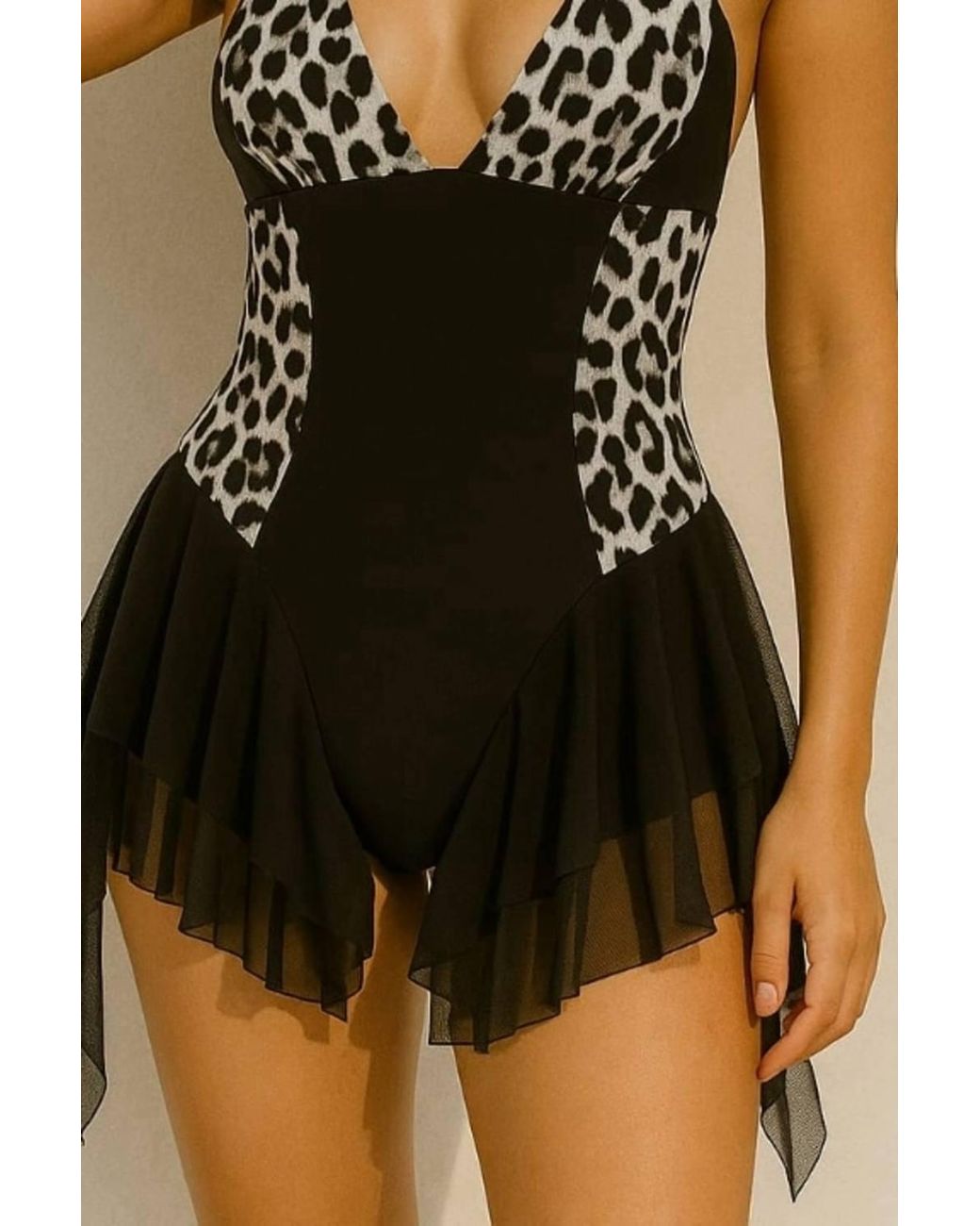 Stylewise Black Leopard Print Halter Neck Slinky Frill Mini Dress