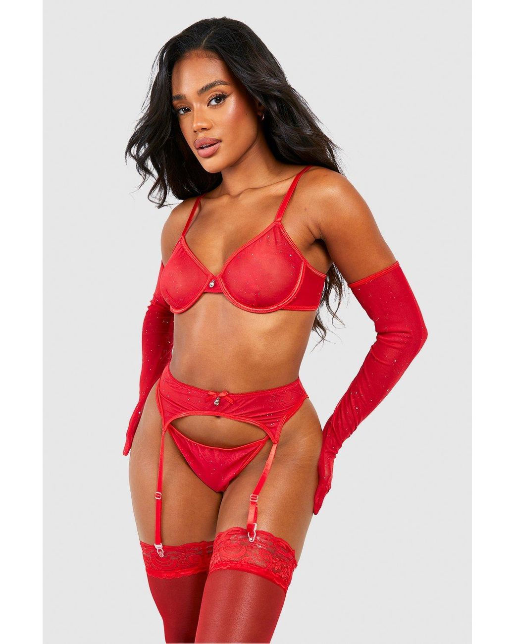 Boohoo Sparkle Lingerie And Suspender Set With Gloves in Red