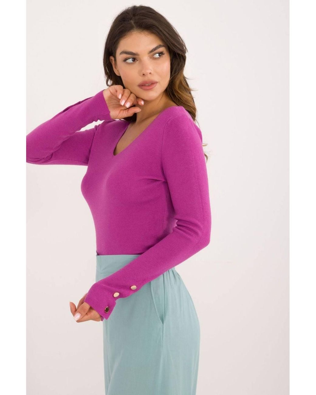 Love Lace Purple V Neck Button Cuff Casual Sweater